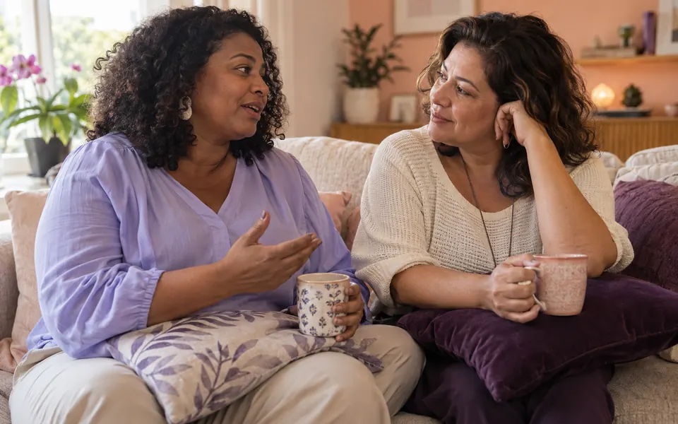 Duas mulheres conversam num sofá com xícaras nas mãos; uma fala e a outra escuta com atenção.